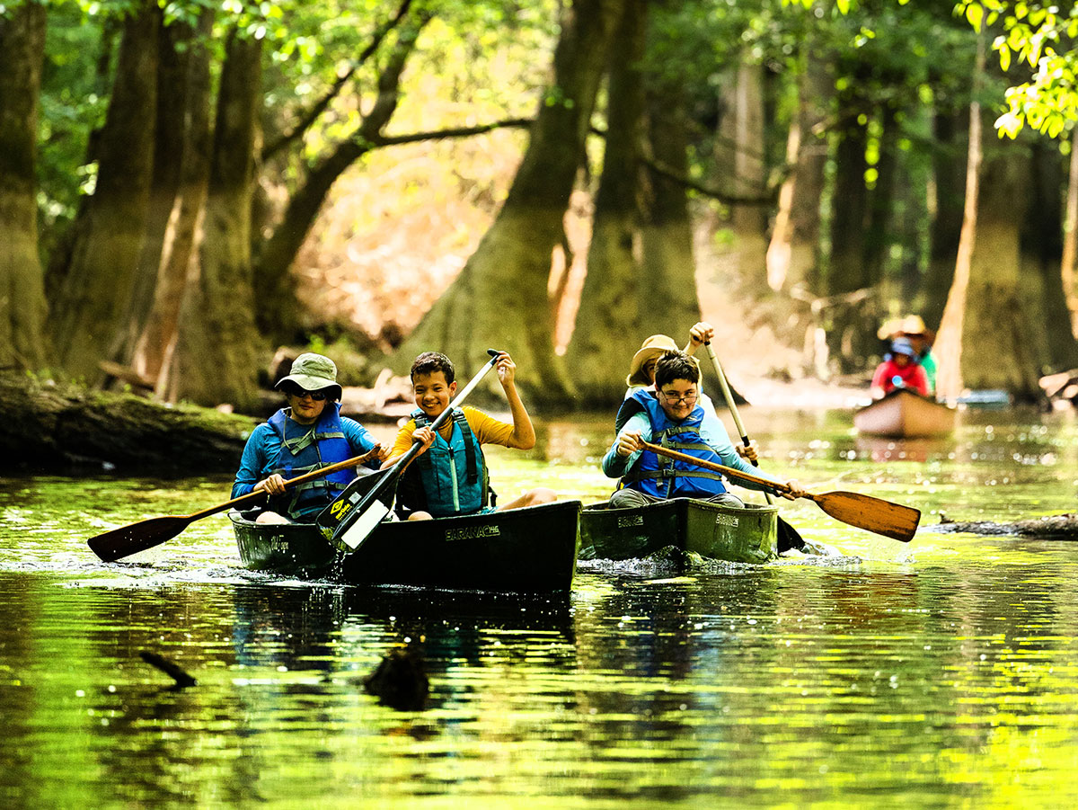 Escoteiros remam em canoas pelo Parque Nacional Congaree