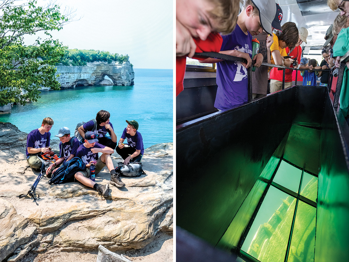 Scouts take a break at Pictured Rocks and viewing shipwreck on a glass bottom boat