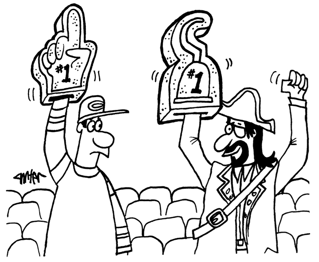 Pirate holding up a foam hook at sporting event comic