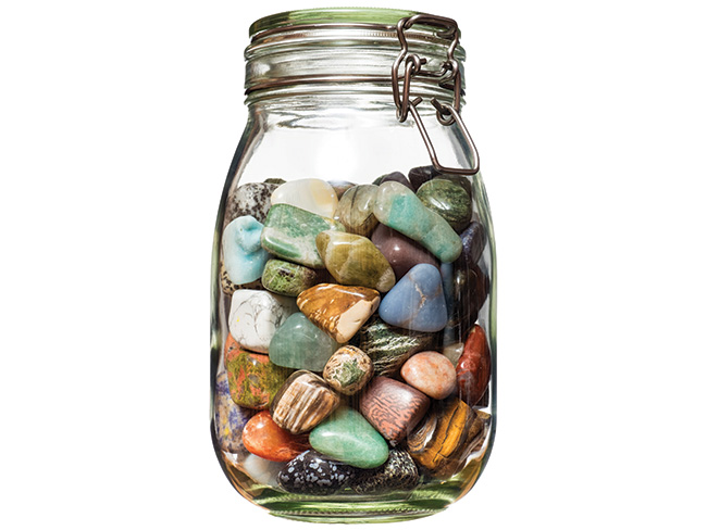 beautiful rocks in a clear mason jar