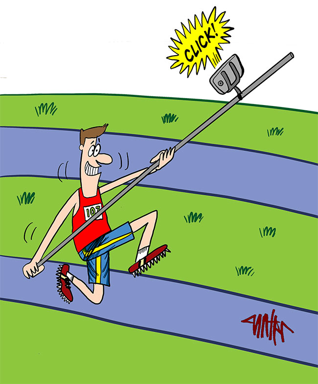 Comic of an olympic pole vaulter taking a selfie in the Olympic jokes article