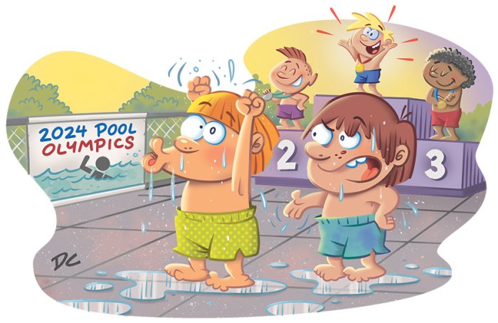 Kid cheering at the pool olympics. Olympic jokes comic