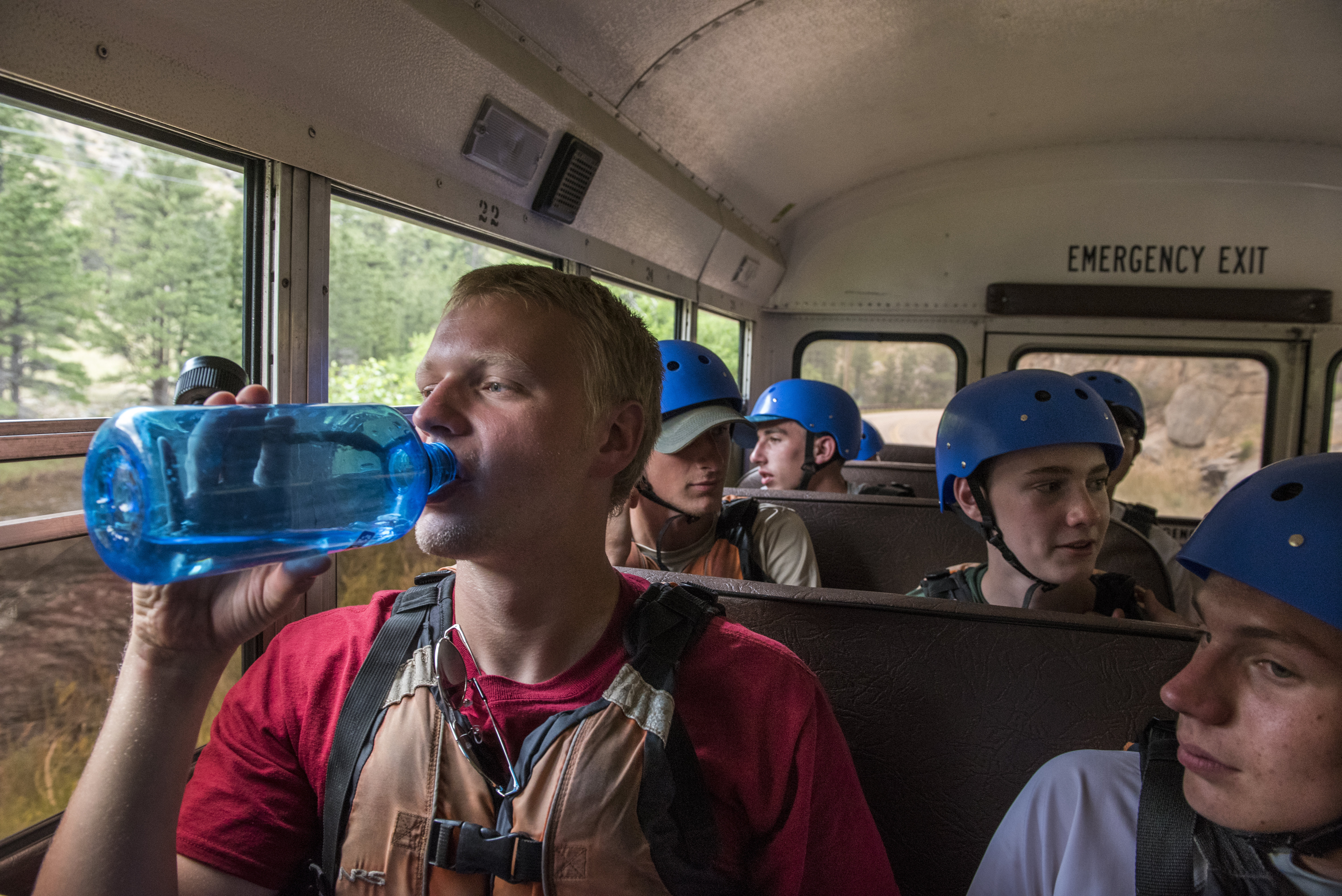 Scouts from PA take a bus to the put-in for a rafting trip on the Cache Le Poudre River, during their adventure trip to Colorado