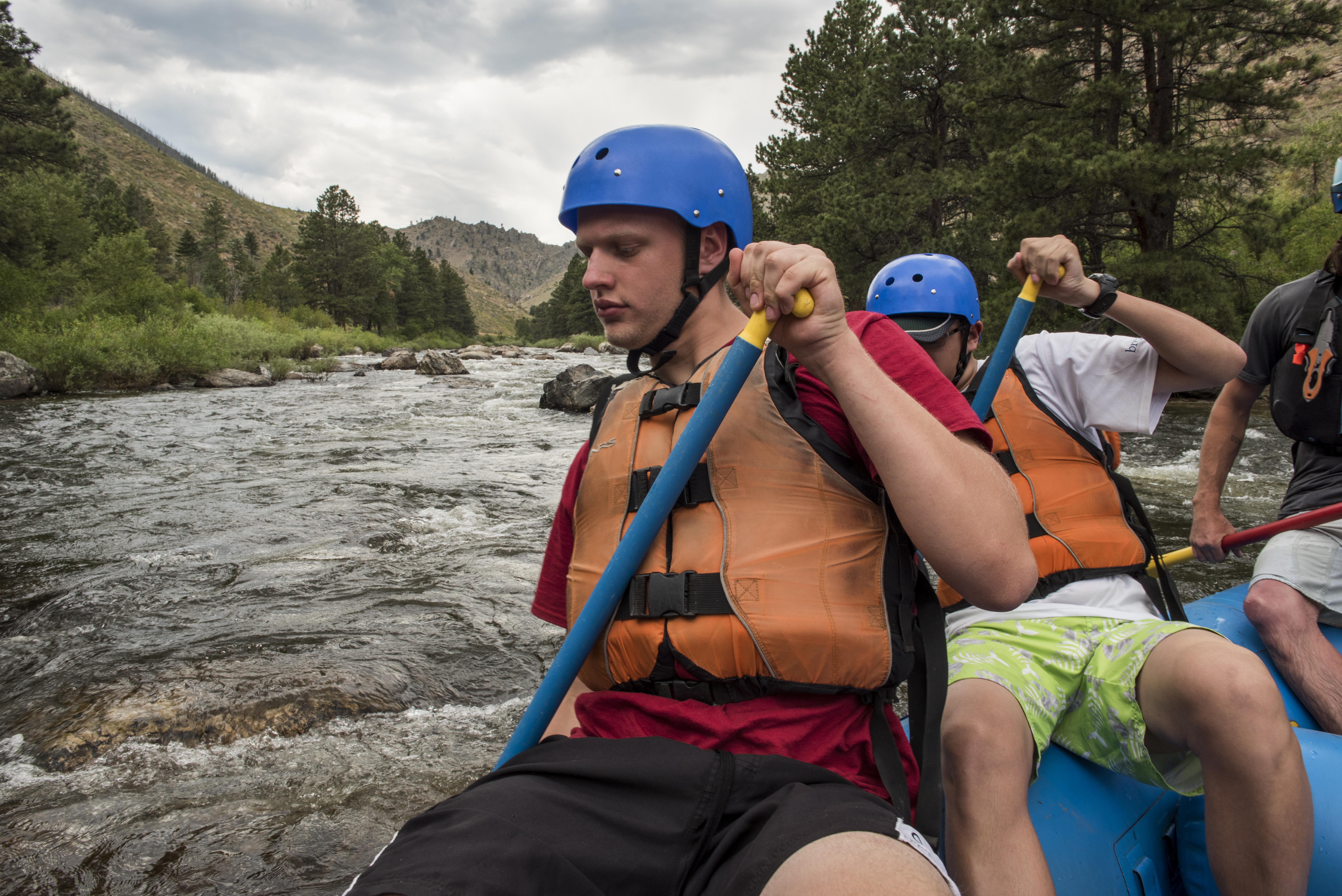 Andrew Rode (front) and Alex Pierce lean into their paddles during a whitewater rafting trip on the Cache Le Poudre River, near Fort Collins,  Colorado.     Troop 208 from Pennsylvania is on a two week trip of hiking, rafting, fishing and other adventures