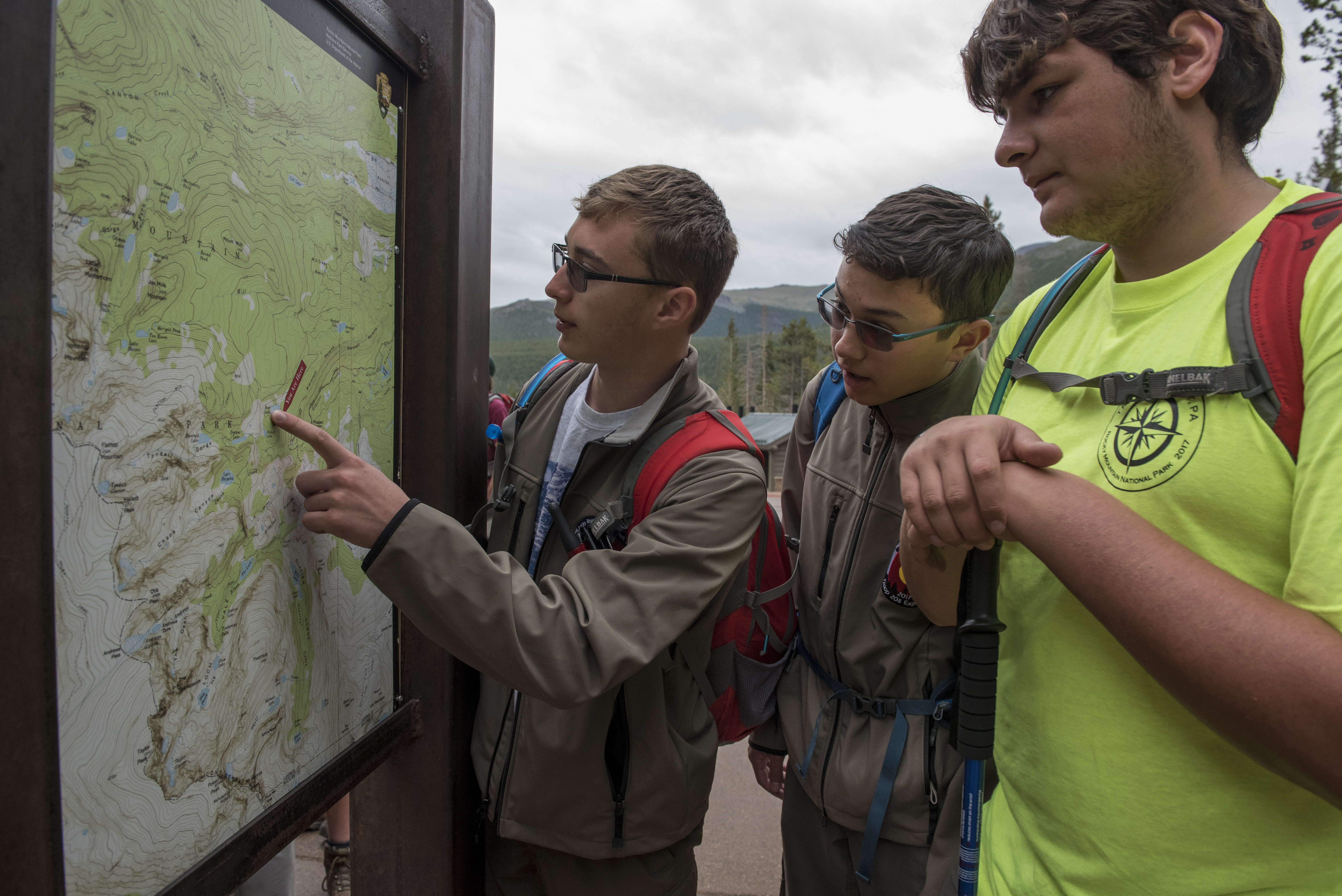 Scouts from Troop 208 in PA arrive at the trailhead for their hike to Sky Pond, in Rocky Mountain National Park, Colorado