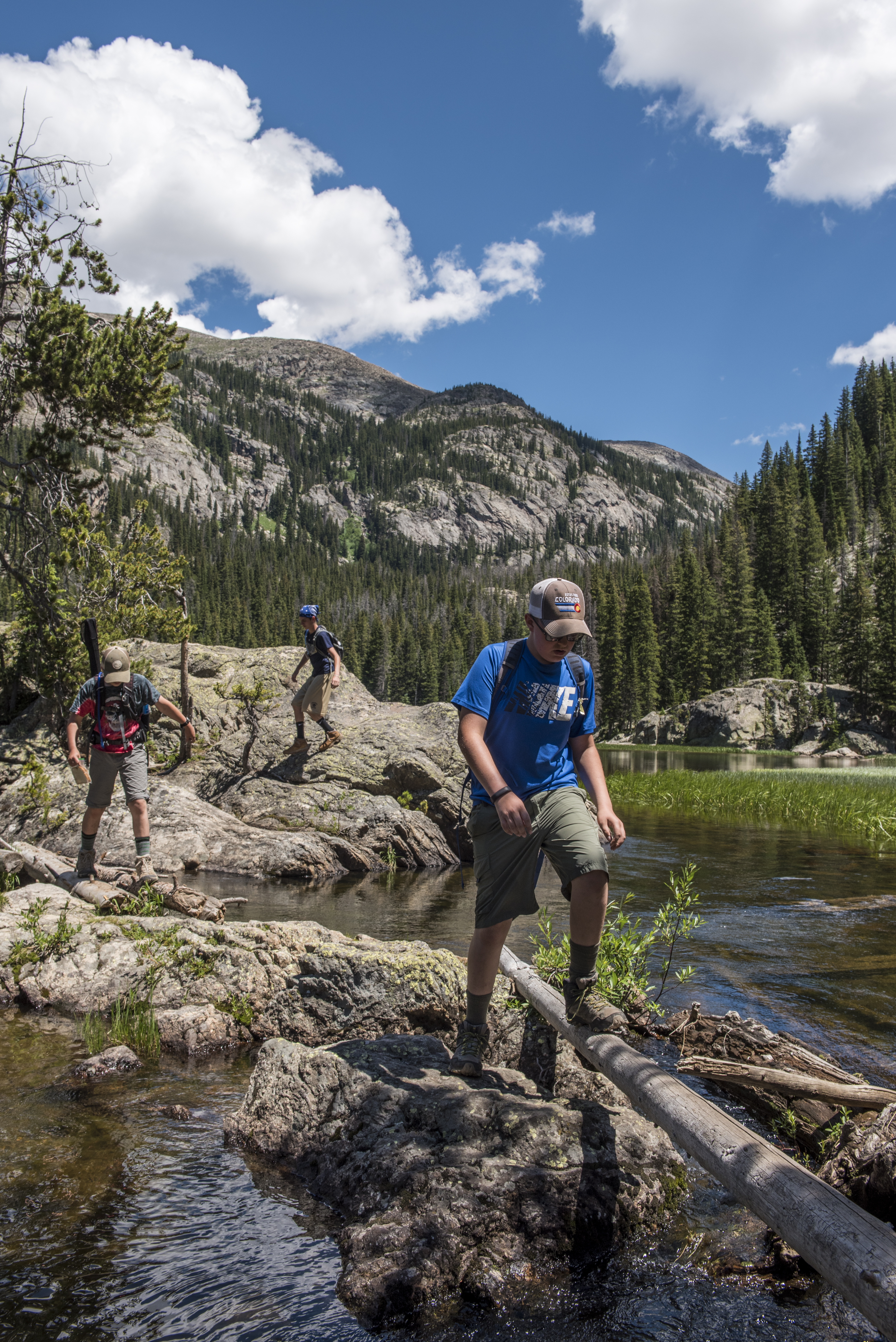 Scouts from PA explore Lone Pine Lake in Rocky Mountain National Park, during a two week adventure trip to Colorado