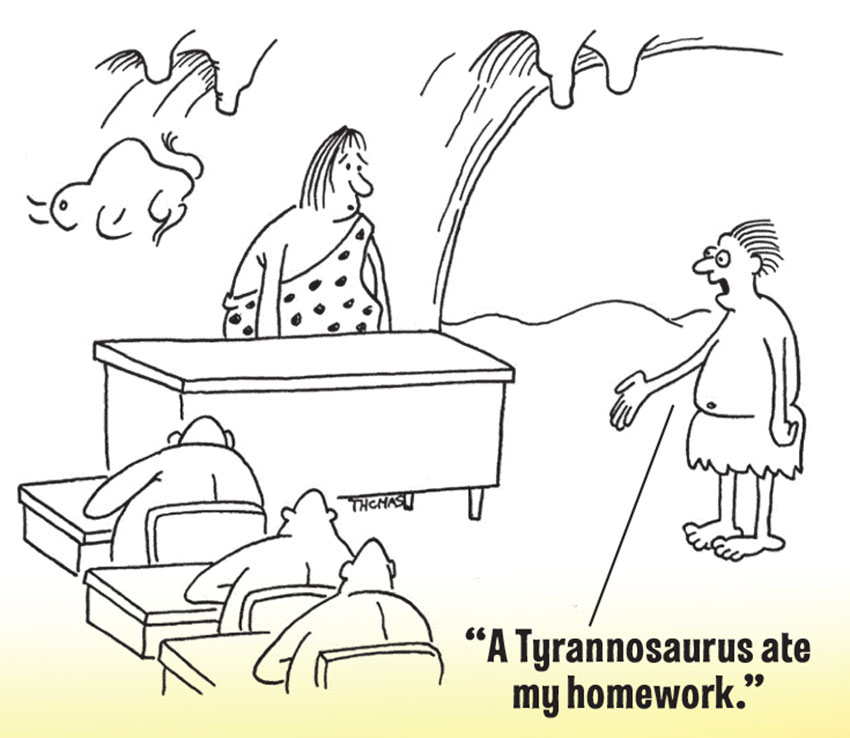 Caveman says a T rex ate his homework comic