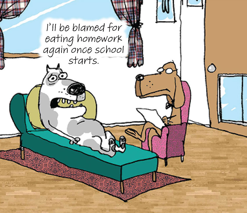 dog worried about being blamed for eating homework comic