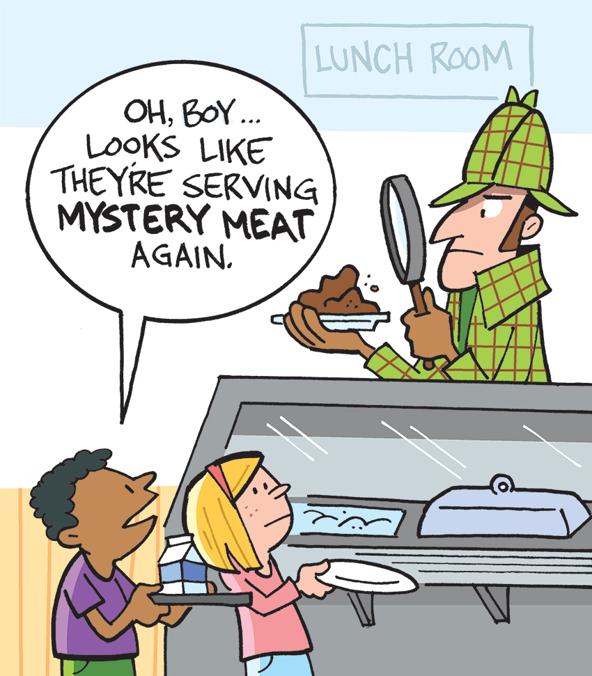 Sherlock Holmes tries to identify mystery meat in school cafeteria comic