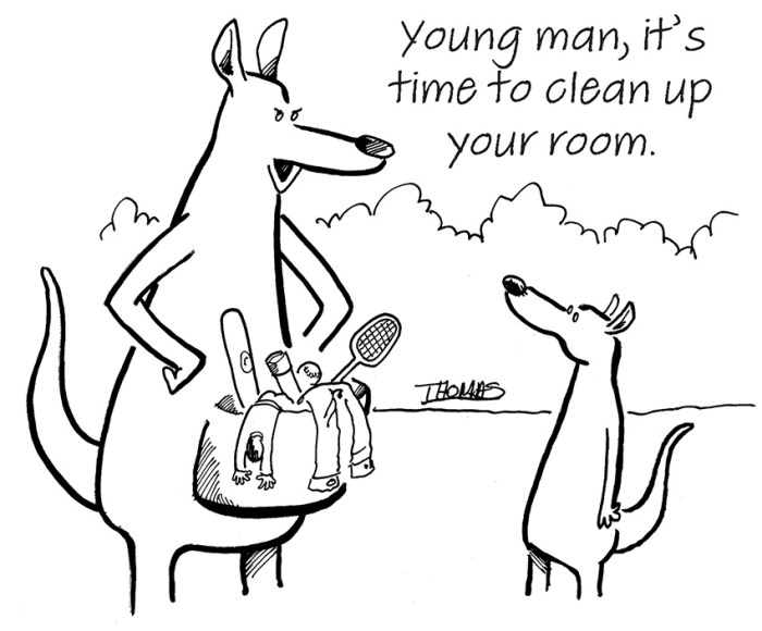 mother kangaroo telling to clean up room