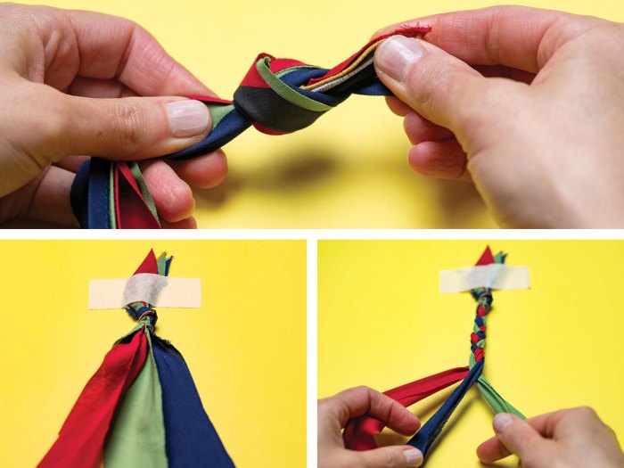 Step 3 tying strands of neckerchief together and braiding them