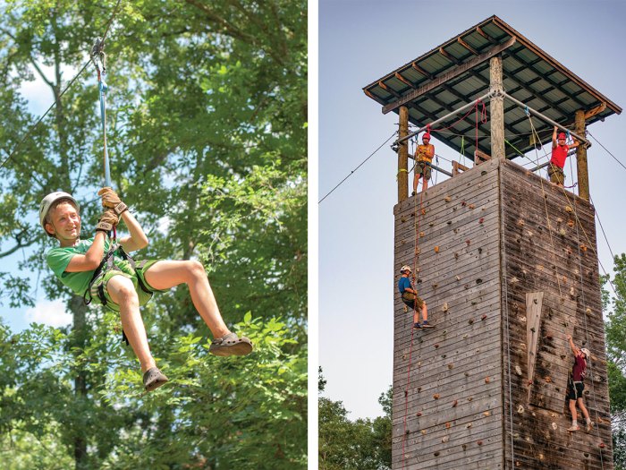 Zip line and climbing tower at Camp Rockefeller