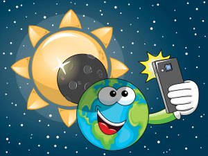 solar eclipse joke image showing earth taking a selfie with the sun and moon