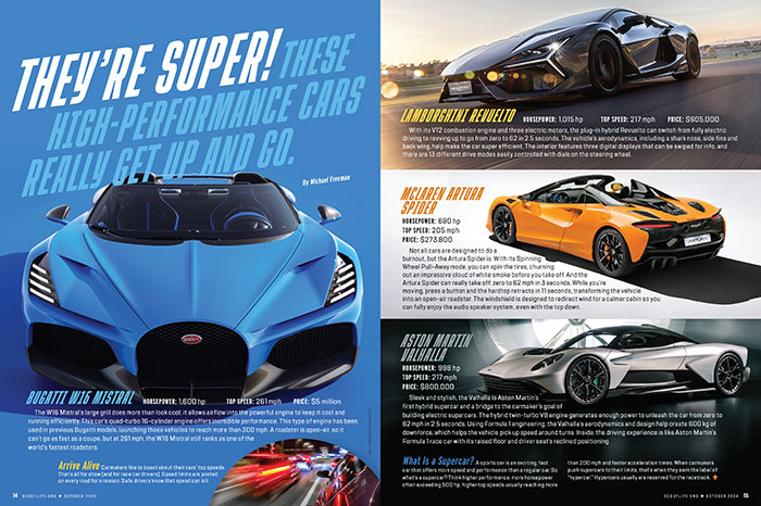 Layout of the supercars article in the October issue