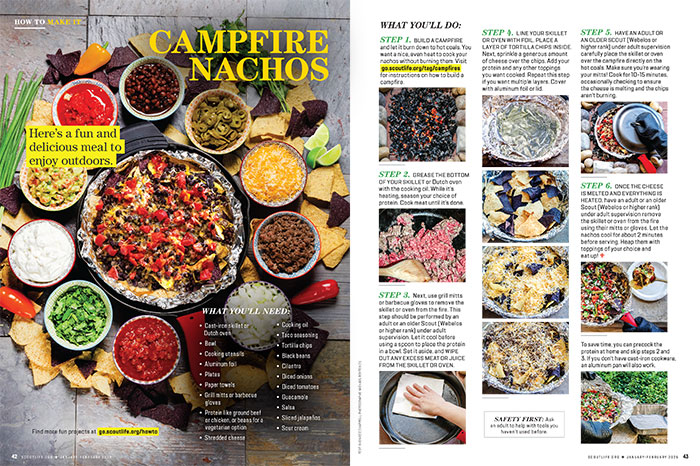 how to make campfire nachos article from the january-february 2025 issue of Scout Life