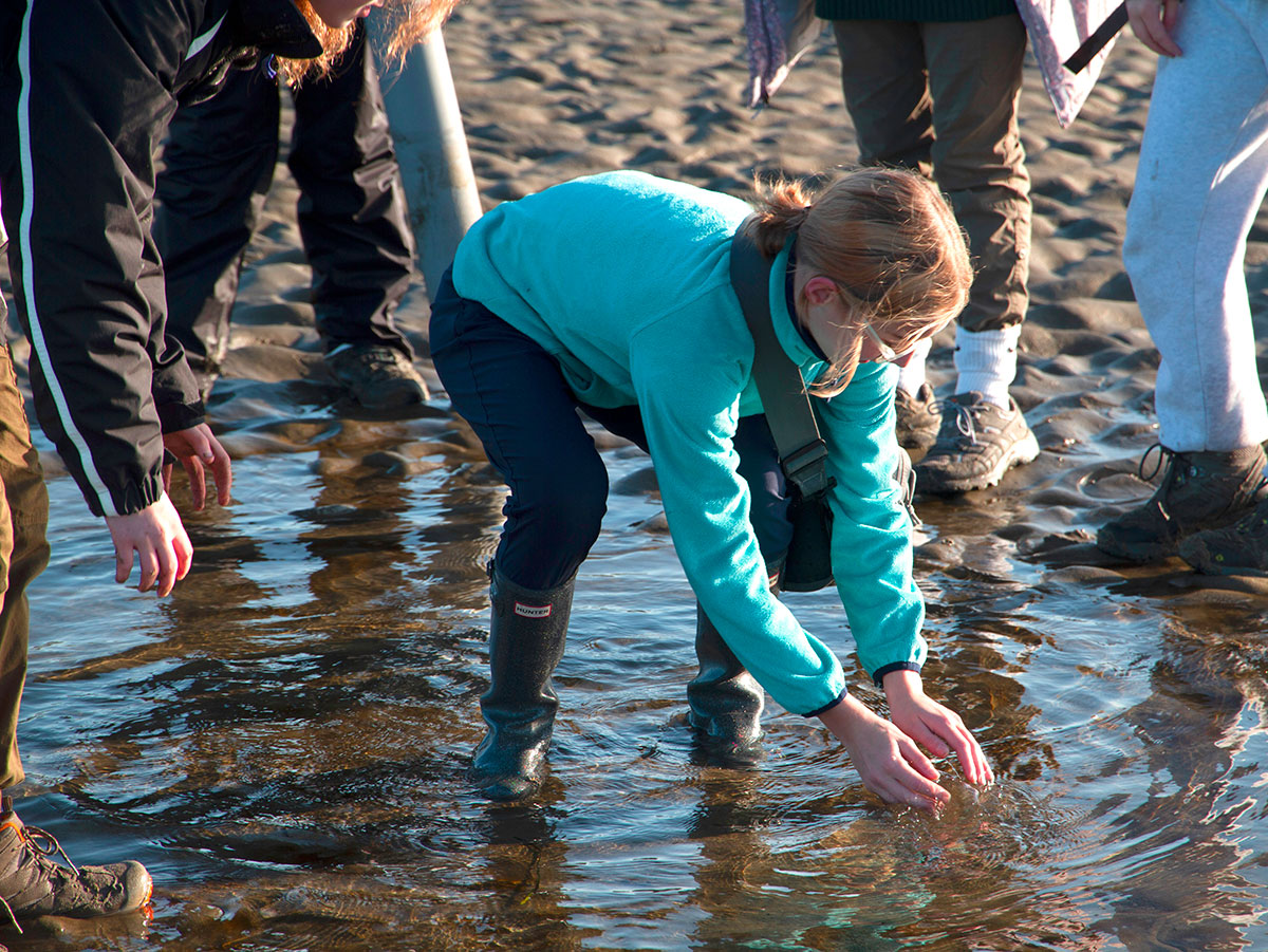 Scout washing her hands in the ocean