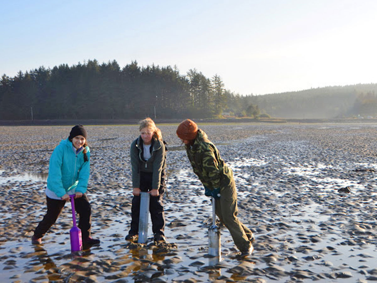 Three Scouts using a clam gun to remove sand to search for clams