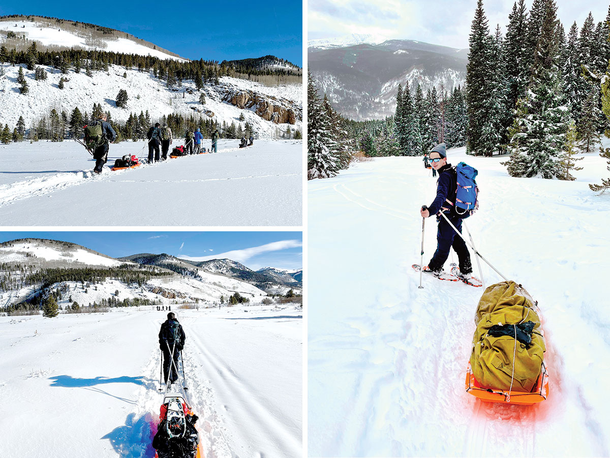 Various photos of Scouts on a snowshoeing trek