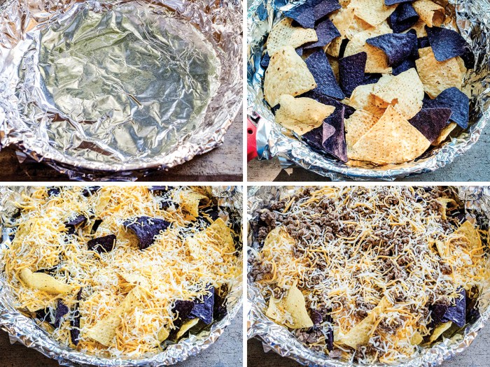 layering chips protein and cheese in a foil lined skillet for campfire nachos