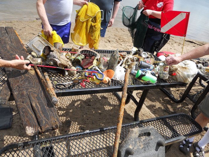 piles of trash on a picnic table