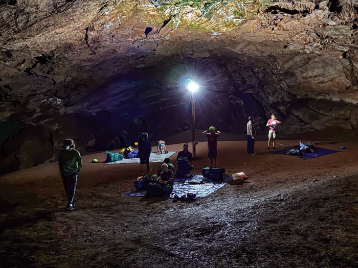 Setting up camp inside a cave