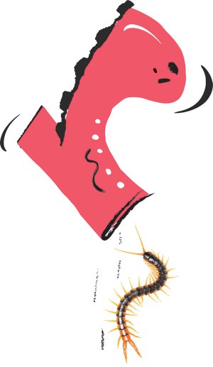 illustration of a centipede being dumped out of a boot