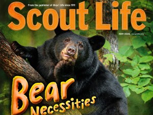 black bear on the cover of the May 2025 issue of Scout Life magazine