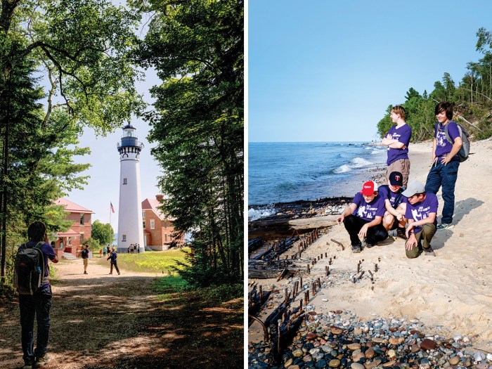 A lighthouse and Scouts inspecting a shipwreck