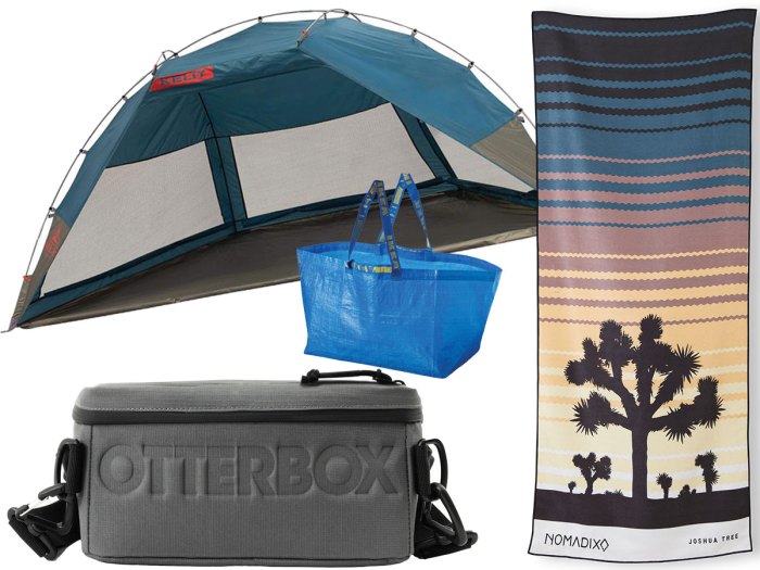 beach shelter, cooler, towel and IKEA bag