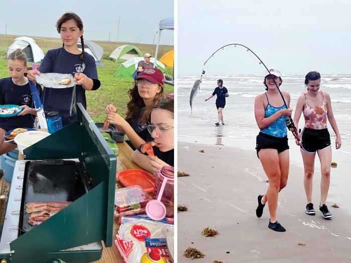 Scouts eating and fishing at the beach